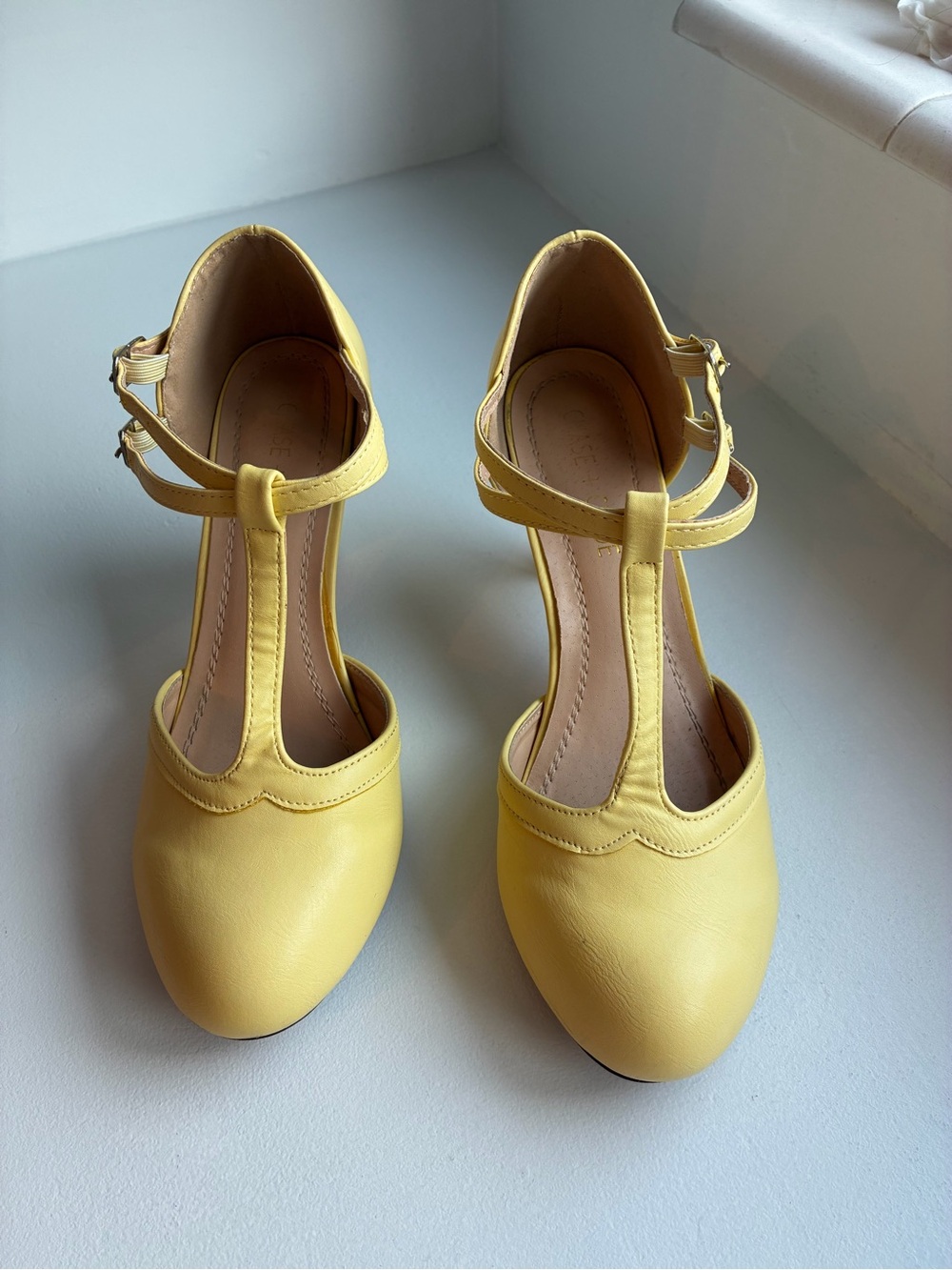 Chase + Chloe Lemon Yellow T-Strap Heels